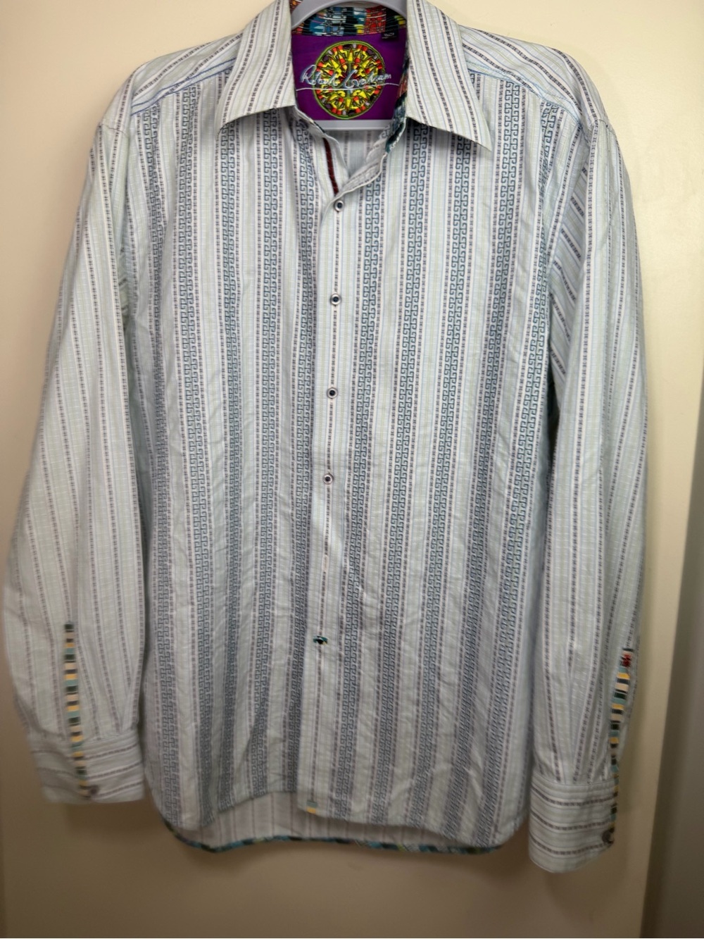Robert Graham Blu Embroidered Striped Geometric Flipped Cuff ButtonDown Shirt XL
